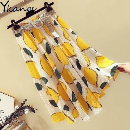 Plus Size Women Summer Cotton Beach Casual Skirt Lemon Print Pleated Long Skirt with Belt Ladies Elastic High Waist Midi Skirt