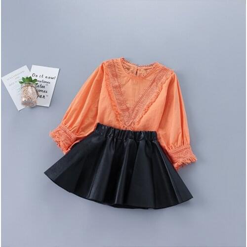 2-7 years high quality girl clothing set 2020 new autumn fashion casual orange solid shirt + leather skirt kid children clothing