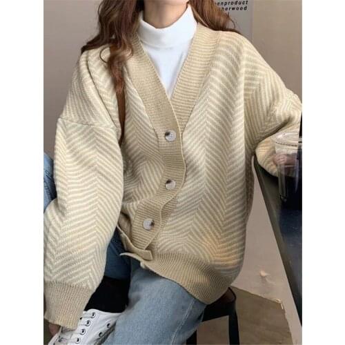 Women Sweater Spring Autumn Winter Striped V-Neck Long Sleeve Casual Basic Cardigan Warm Loose Knitted Jacket Ladies Plus Size