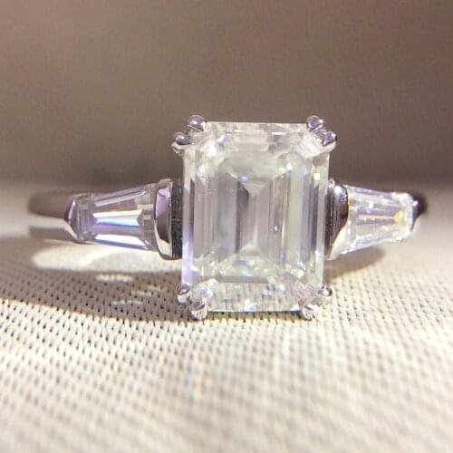 14K White Gold Emerald 4 Carat 8x10mm DF Moissanite Baguette Engagement Halo Ring Lab Diamond Solitaire Wedding for Women