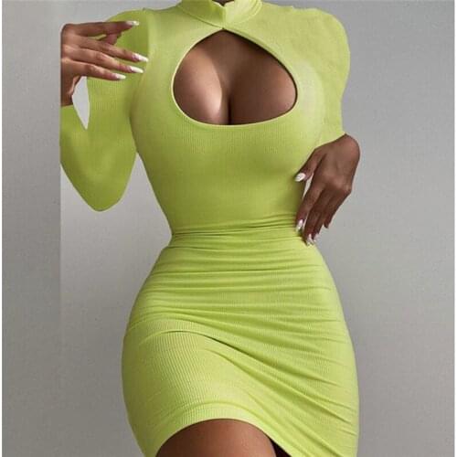 Women Close-fitting Hollow Out Dress Sexy Solid Color Long Sleeve Round High Collar Dress For Spring And Autumn S/ M/ L/ XL