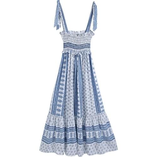 Women Floral Printed Spaghetti Strap Dress Casual Sleeveless Backless Ruffle Dresses Lady Bow Tie Beach A Line Sundress