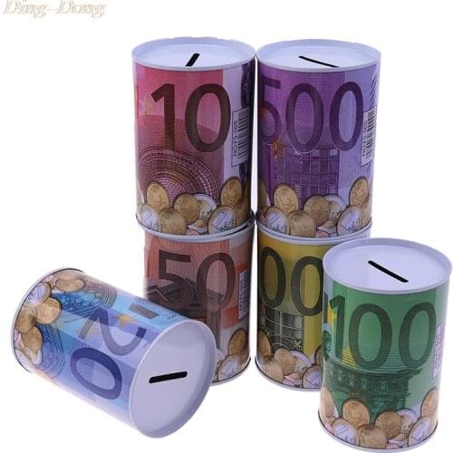 Tinplate Cylinder Piggy Bank Euro Dollar Picture Box Household Saving Money Box Home Decoration Money Boxes