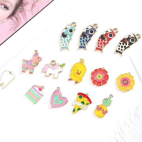 10pcs/pack Flower Pizza Cake Fish duck Horse Enamel Charms Alloy Gold color Bracelet Necklace Jewelry Accessories
