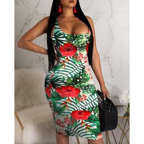 2021 Fashion Women Ladies Sleeveless Summer Boho Floral Beach Casual Slim Fit Sundress Tight Sexy Sling Hawaiian Dress