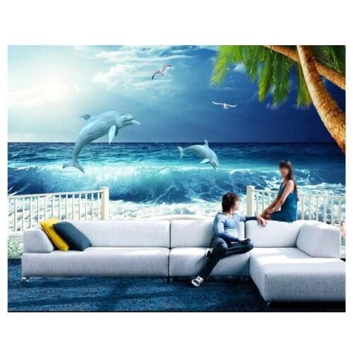3d photo wallpaper 3d murals wallpaper custom Mediterranean mural Sea Dolphin Coconut Tree HD 3D TV Background Wall home decor