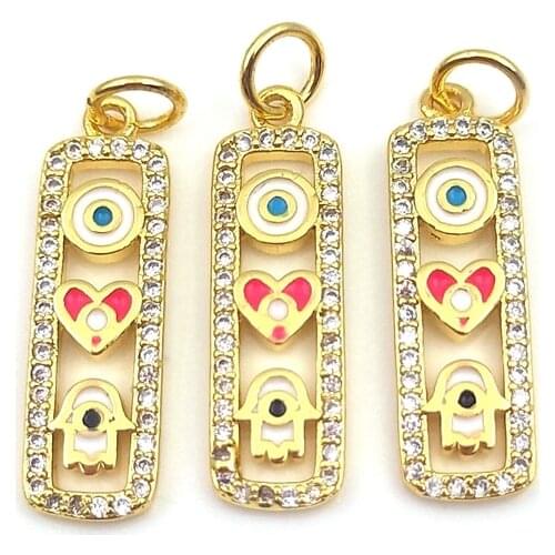 5pcs CZ Micro Pave Enamel Pendants Heart Evil Eye Hamsa Hand Tiny Rectangle Shape Pendant Gold Charm For Women Necklaces Jewelry