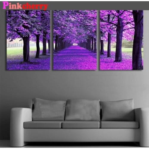 Diamond Paintings Wall Art Full Square Round Drill Diamond Embroidery 3 Pieces Forest Purple Trees Pictures Abstract Landscape