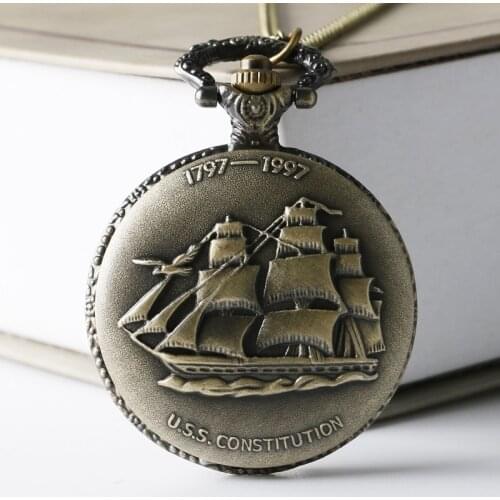 Antique 1797-1997 US Constitution Sailing Canvas Boat Ship Design Quartz Pocket Watch With Necklace Chain Gift Pendant