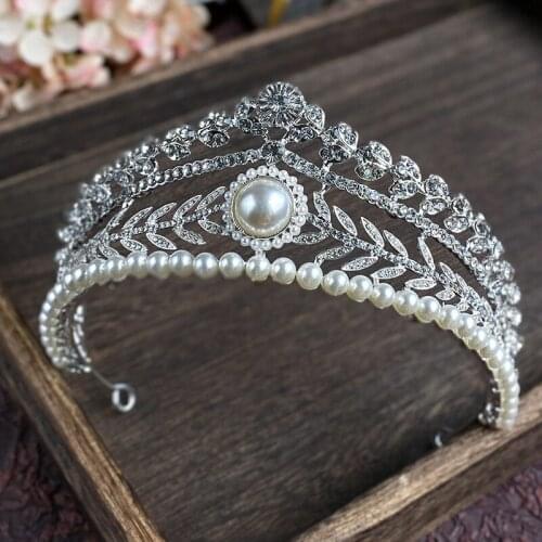 Large Pearls Bridal Crown Fairy Rhinestone Tiaras Wedding Headwear Women Hair Ornament Headdress HQ0159