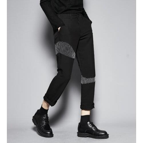 Free Shipping New Mens Male Urban Unique Asymmetric Stitching Casual Fashion Slim-fit Three-dimensional Trousers Cropped Pants