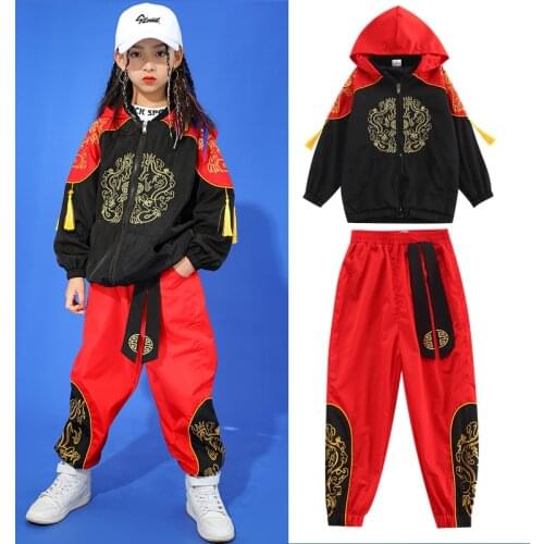 Hip Hop Costumes Kids Street Dance Clothing Suit Hooded Sweater Black Tops Hip Hop Girls Red Pants Performance Stage Wear BL5292