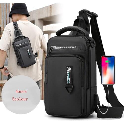Men Nylon Chest Bag 4 Uses Backpack Rucksack Cross Body Shoulder Bag with USB Charging Port Male Messenger Daypack Knapsack