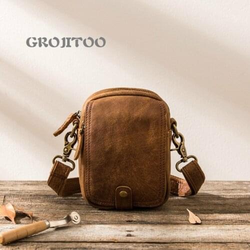 GROJITOO New mens sports bag single shoulder bag for man small cowhide cross bag leisure youth crazy horse leather waist bag
