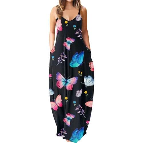 Women Maxi Floral Dress 2021 Striped Butterfly Printed Long Dresses Female Casual Spaghetti Strap Dress Sleeveless Robes