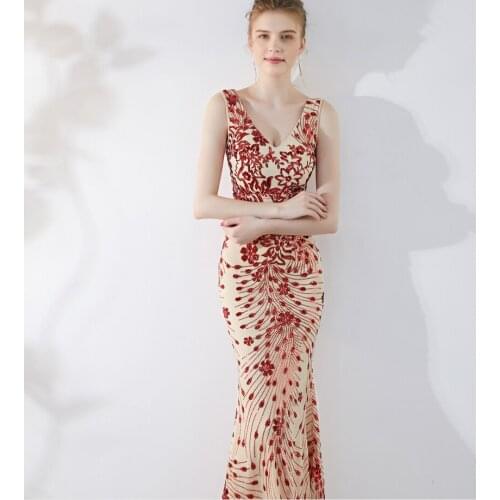 2020 Sequined Party Long Dresses V-Neck Zipper Back Mermaid Party Gowns Royal Backless Floor-Length Prom Clothing Women