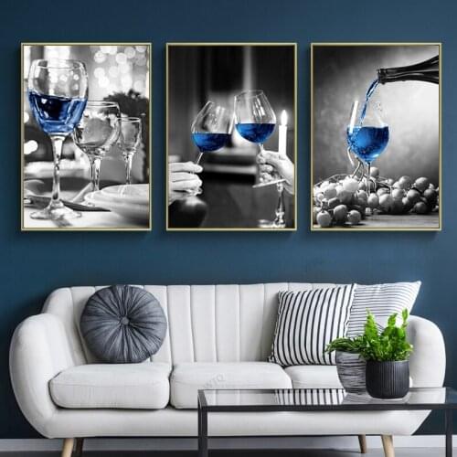 WTQ Vintage Posters Black and White Wine Glass Canvas Printings Champagne Blue Wall Decor Wall Art Picture Room Decor Home Decor