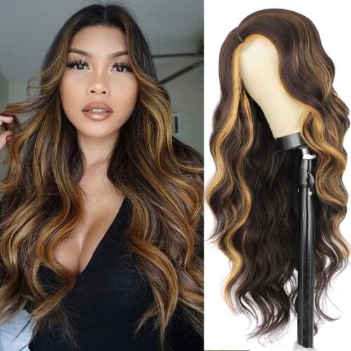 Vigorous Long Body Wavy Synthetic Wig Highlights Wigs for Black Women Side Part Hairline Natural Looking Wigs Daily Use