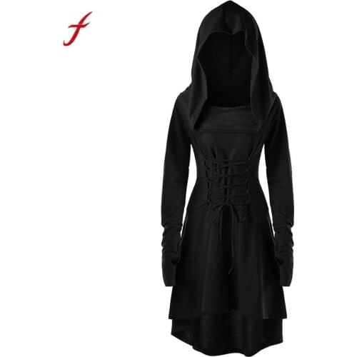 Women Costumes Dress Lace Up Festival performance Bandage Hooded Dress Vintage Pullover Solid Hoodies Dress Cloak /PT