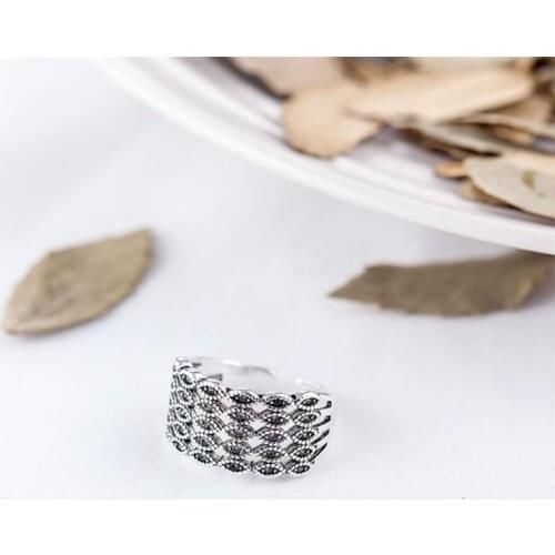 Sole Memory Retro Thai Silver Lattice Geometry Individuality Fresh 925 Sterling Silver Female Resizable Opening Rings SRI361
