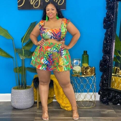 Fashion Plus Size Women Clothing 2 Piece Sets Mini Skirts Outfit Summer Polyester Mesh Printing Ruffled Sexy Fashion Skirt Suit
