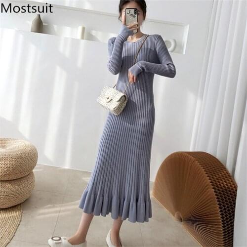 Autumn Thick O-neck Pullover Sweater Dress 2021 Long Sleeve Slim Waist Mid-calf Female Knitted Dress Fashion Casual Vestidos