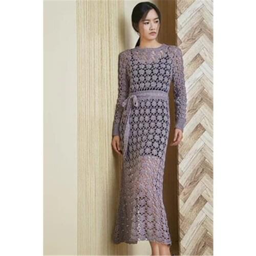 100% hand made flax linen polyester blend crochet knit women fashion hollow out long dress sweater white 5color customize