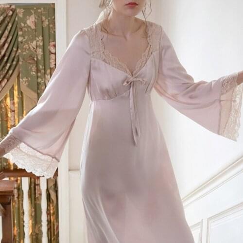 Satin Romantic Nightgown Women Autumn Ice Silk Elegant Sexy Long Night Dress Victorian Vintage Lace Peignoir Princess Sleep Wear