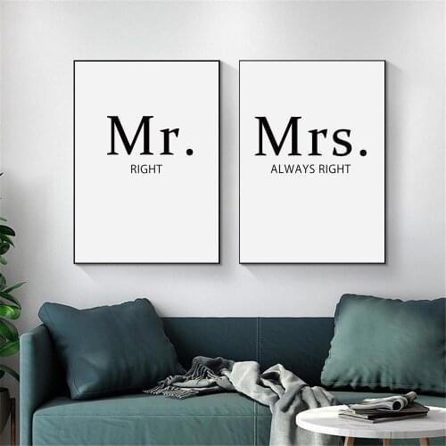 Black White Quotes Canvas Paintings Mr Right Mrs Always Right Couples Wall Art Prints And Posters Minimalist Pictures Home Decor