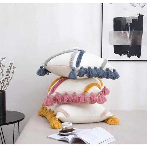 Home Decor Tassel tufted Throw Pillow Case Cushion Cover Decorative Pillows for Sofa Living Room Polyester Pillowcase 45*45
