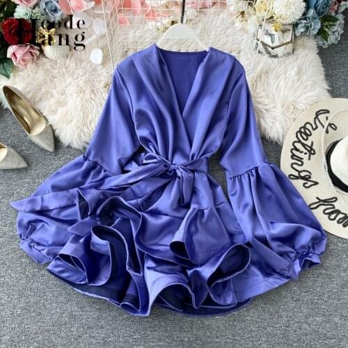 HangCode Spring Long Lantern Sleeve Sash Bandage Dress Women Elegant Double Ruffles V Neck Red Party Dress Autumn Female Dress