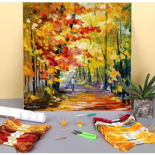 Golden Fall Printed Water-Soluble Canvas 11CT Cross Stitch Embroidery Complete Kit DMC Threads Craft Handmade Counted