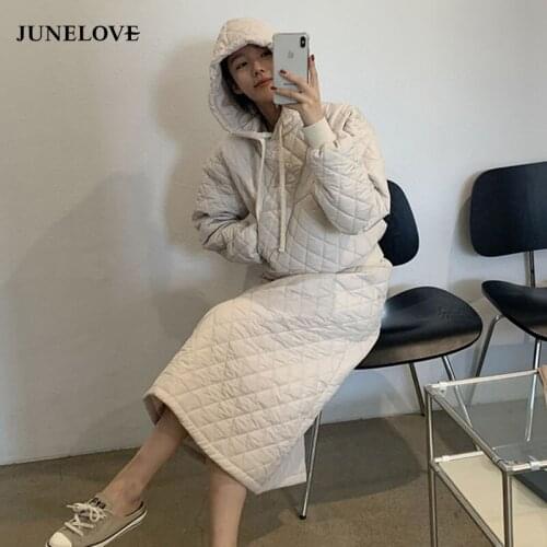 JuneLove Loose Retro Diamond Cotton Dress Women A-Line Skirts Winter New Chic Hooded Pullover Parkas + Skirt Suit Street Sets
