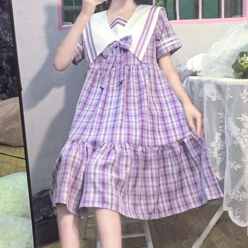 Summer Sweet Lolita Dress Women Sailor Collar Short Sleeve Dresses Girl Preppy Style Purple Loose Plaid Bow Ruffles Kawaii Dress