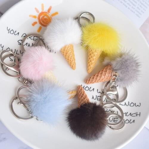 Cute mini candy-colored mink ice cream cone fur pendant plush toy phone backpack keychain craft toy childrens gift