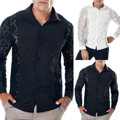 2021 New Mens Club Party Shirt Full Solid Color Transparent Mesh Cardigan Long Sleeve Top Fashion Cool High Quality Ropa Hombre