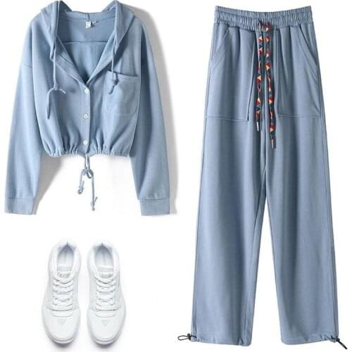 2021 Spring New Leisure Sports Outer Suit Womens Long Sleeve Sweater High Waist Korean Wide Leg Pants Two Loose