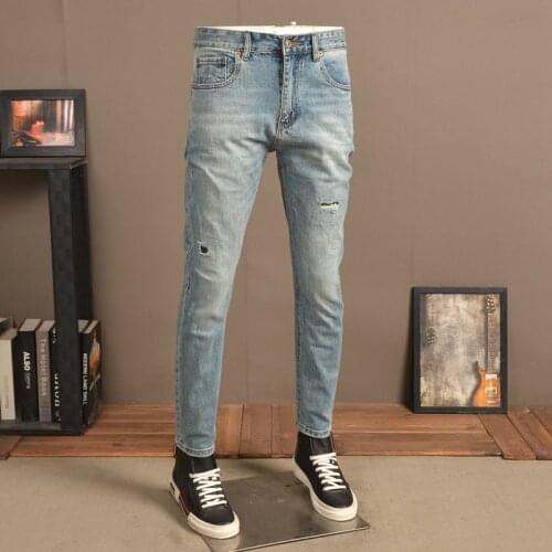 Blue Ripped Hole Jeans Men 2021 Casual Streetwear Regular Fit Denim Pants