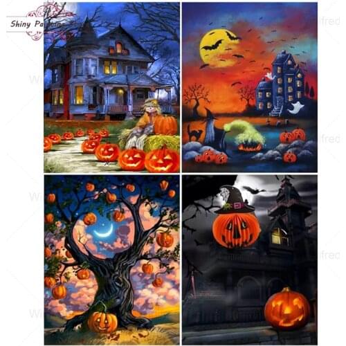 Full Square Round Diamond Painting Scary Halloween Pumpkin Night Scenic Diamond Embroidery Handmade Halloween Holiday Gift Decor