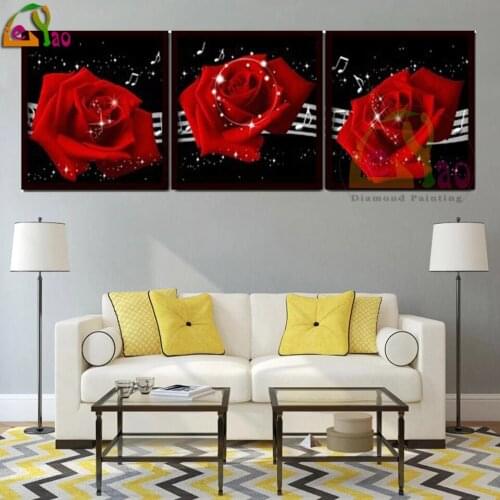 Red roses Inspiration Staff Full Square Drill 5d Diy Diamond Painting Triptych Picture Of Rhinestones Diamond Embroidery Flower
