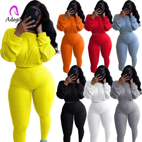 Tracksuit Womens Set Knitted Ribbed Solid Long Sleeve Sweatshirt Pants Suits Joggers 2 Piece Sets Outfits Sportwear Activewear