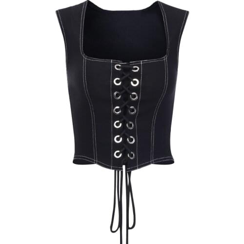 Fashion Slim Hollow Out Vacation Streetwear Summer Denim Tank Tops Women Sexy Crop Top Laceup Sleeveless Bandage Top