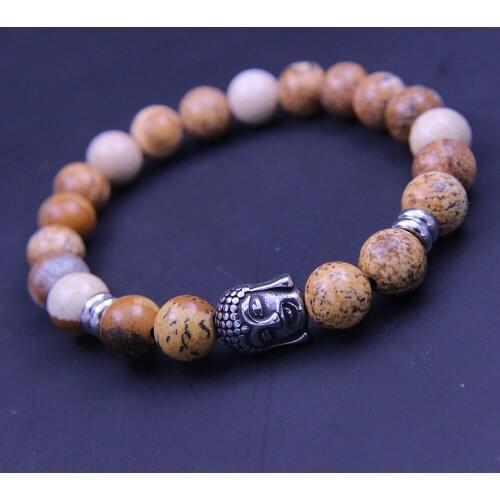 Wonlee Winle 8.5mm Nature Picture Stone Beaded Stretch Bracelets for Men&Women Stainless Steel Buddha Charms Strand Bracelet