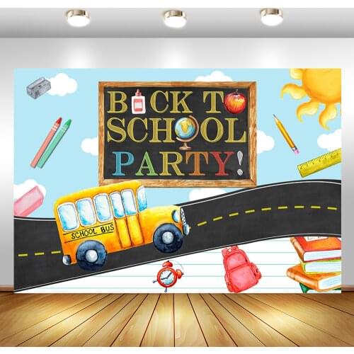 Back to School Backdrop Blue Sky White Clouds Back to School Party Photography Background Yellow School Bus Highway Background