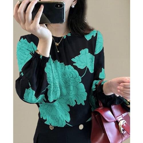 Womens Spring Autumn Style Chiffon Blouses Shirt Womens Printed O-Neck Lantern Sleeve Korean Loose Tops DD9066
