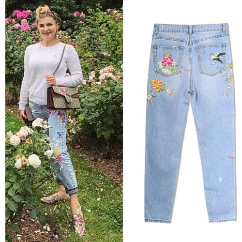 2021 Jeans for Women Denim Pants Pantalon Femme Jeans High Waist Women Jeans Flower Embroidery Autumn Ripped