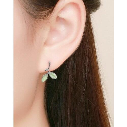 Simple Korean Green Leaf Aesthetic Elegant 925 Sterling Silver Stud Earrings For Women Fashion Delicate Jewelry Gift