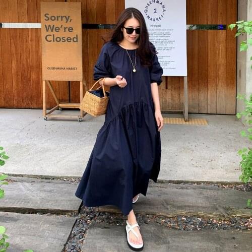 Johnature 2021 Summer Women New Solid Color Puff Sleeve Loose Dresses Korean Casual O-neck Half Sleeve Pockets Tie Female Dress