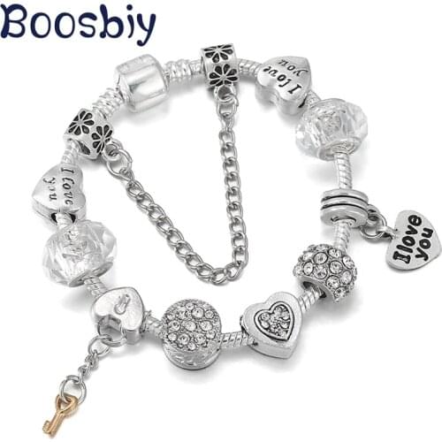 I love You Silver Plated Heart Key Pendant Fit Snake Chain Charm Bracelet For Women Fashion Pulseras Jewelry Gift New Arrival