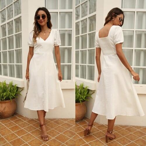 2021Womens Spring clothing puff sleeves high waist tight waist cotton and linen dress